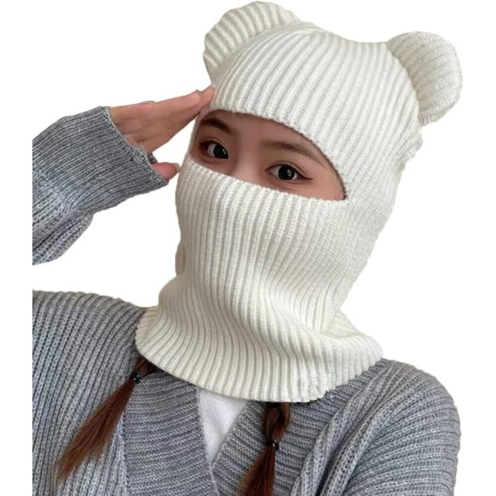 Women's White Winter Hat Warm Hooded Scarf Hat Balaclava Knit Skull Beanie